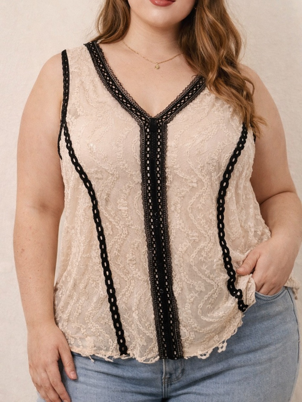 Worthington Cream Lace Cami with Black Crochet Trim